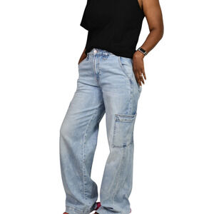 American Eagle High Waist Baggy Jeans Blue Wide Cargo Light Wash Cotton Blend 0